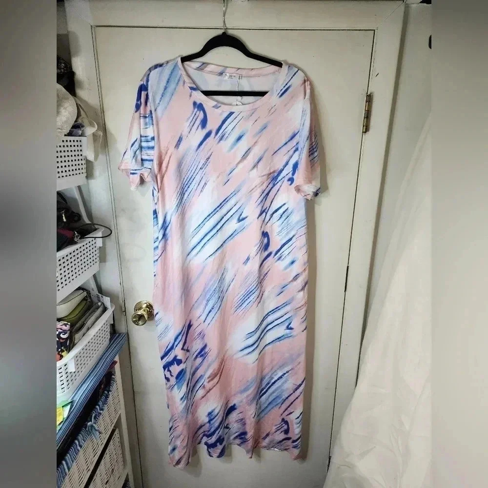 NWT Naggoo Shirt Dress Pink Blue White Plus Size 2XL W/Pockets